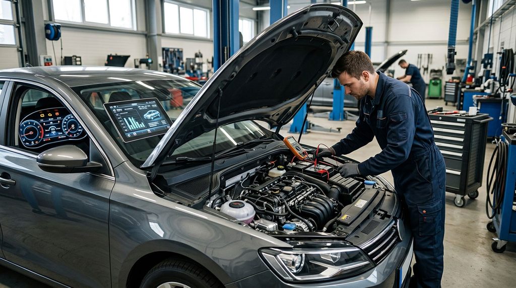 Vehicle battery and fluids being checked during routine maintenance