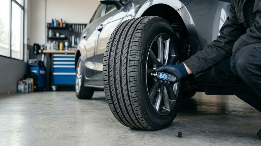 Driver checking tire pressure during routine car maintenance