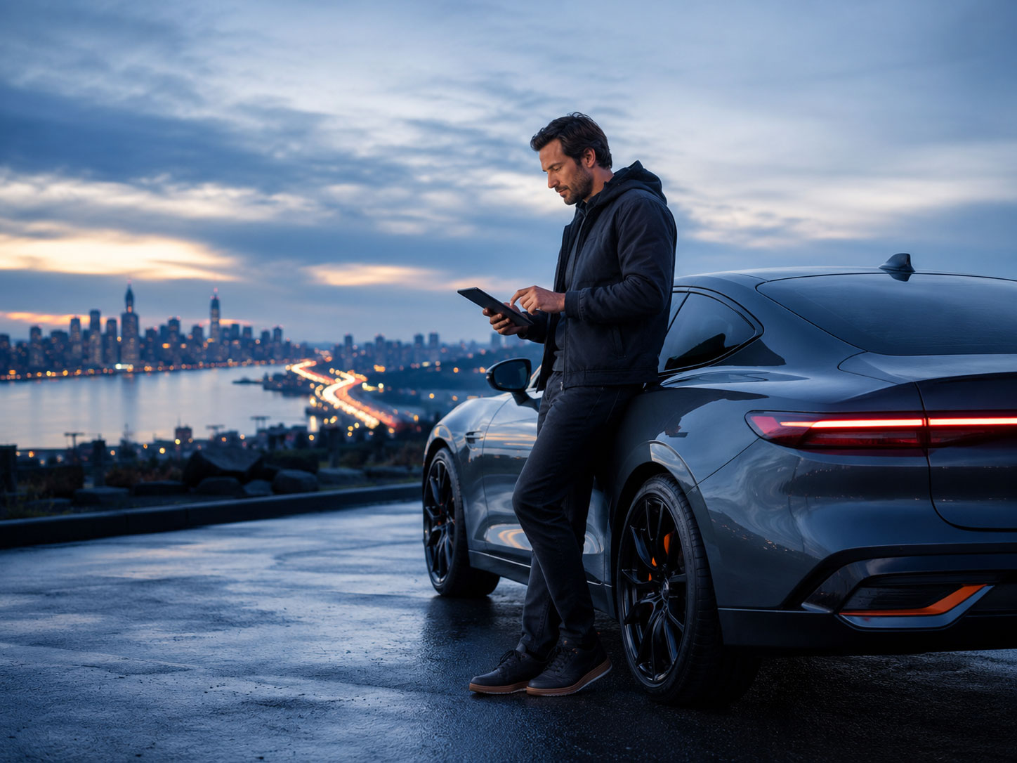 A man leaning against a sleek dark electric vehicle at dusk, using a digital tablet with a city skyline and highway traffic in the background.