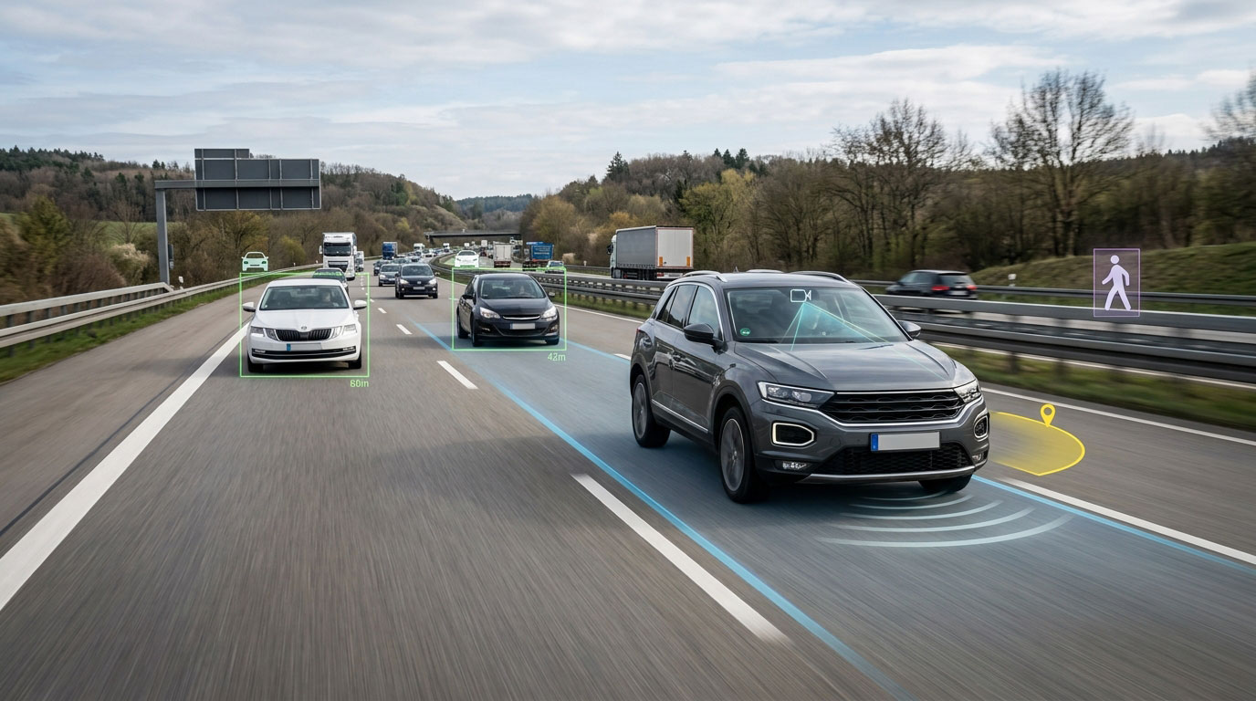 Modern car using driver-assistance sensors on a highway