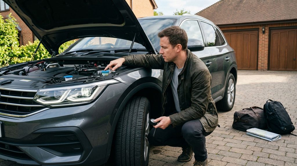 Driver completing a vehicle inspection before a long road trip