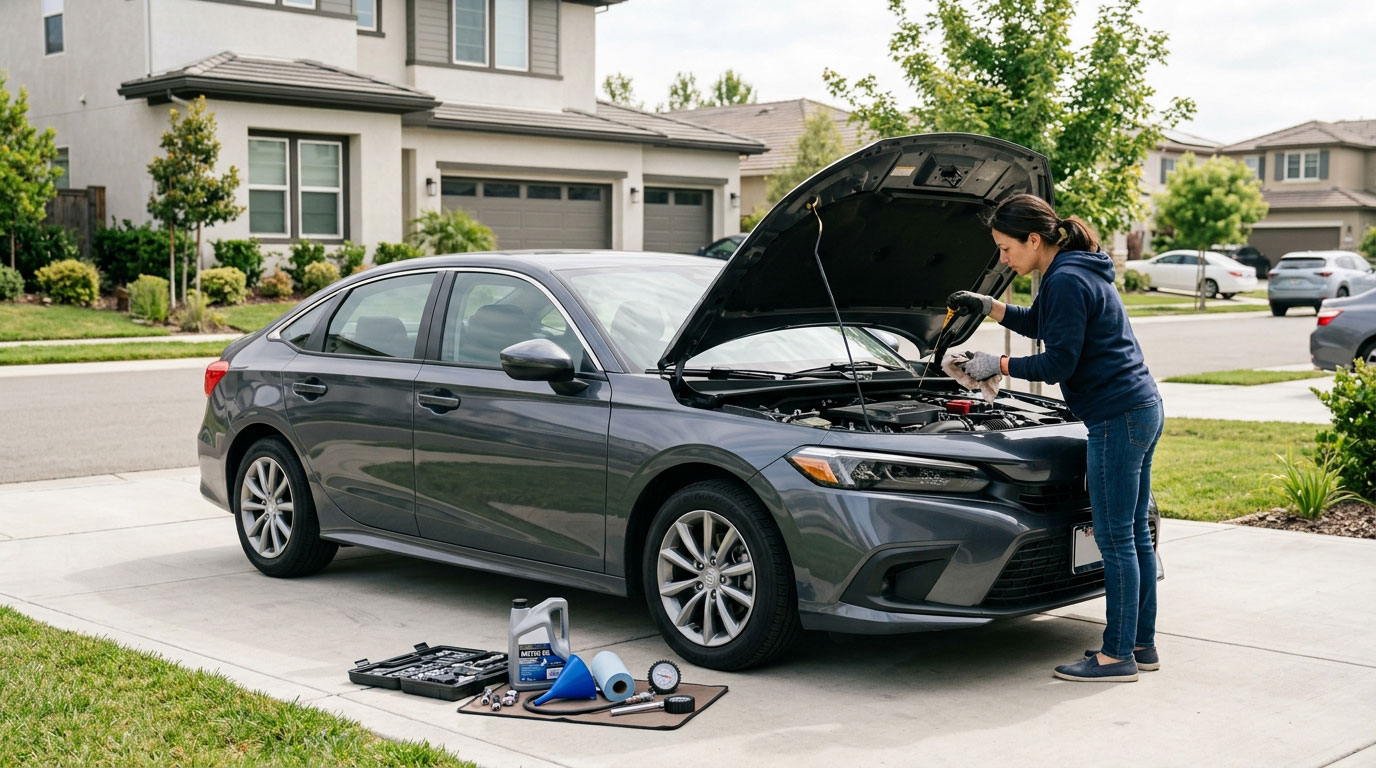 Driver performing basic car maintenance on a modern vehicle