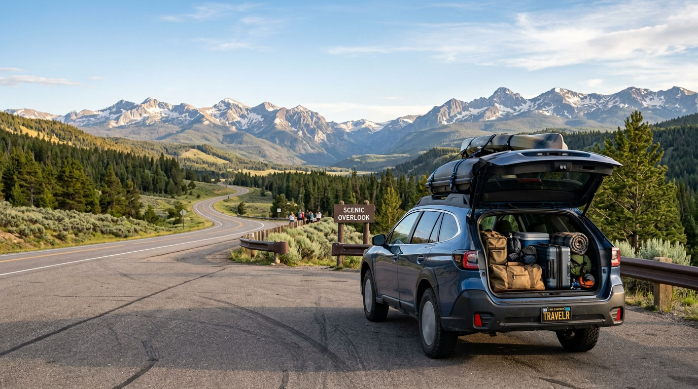 Vehicle prepared for a long road trip at a scenic highway overlook