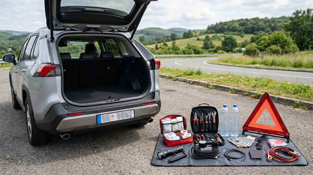 Emergency supplies packed in a vehicle for a long road trip